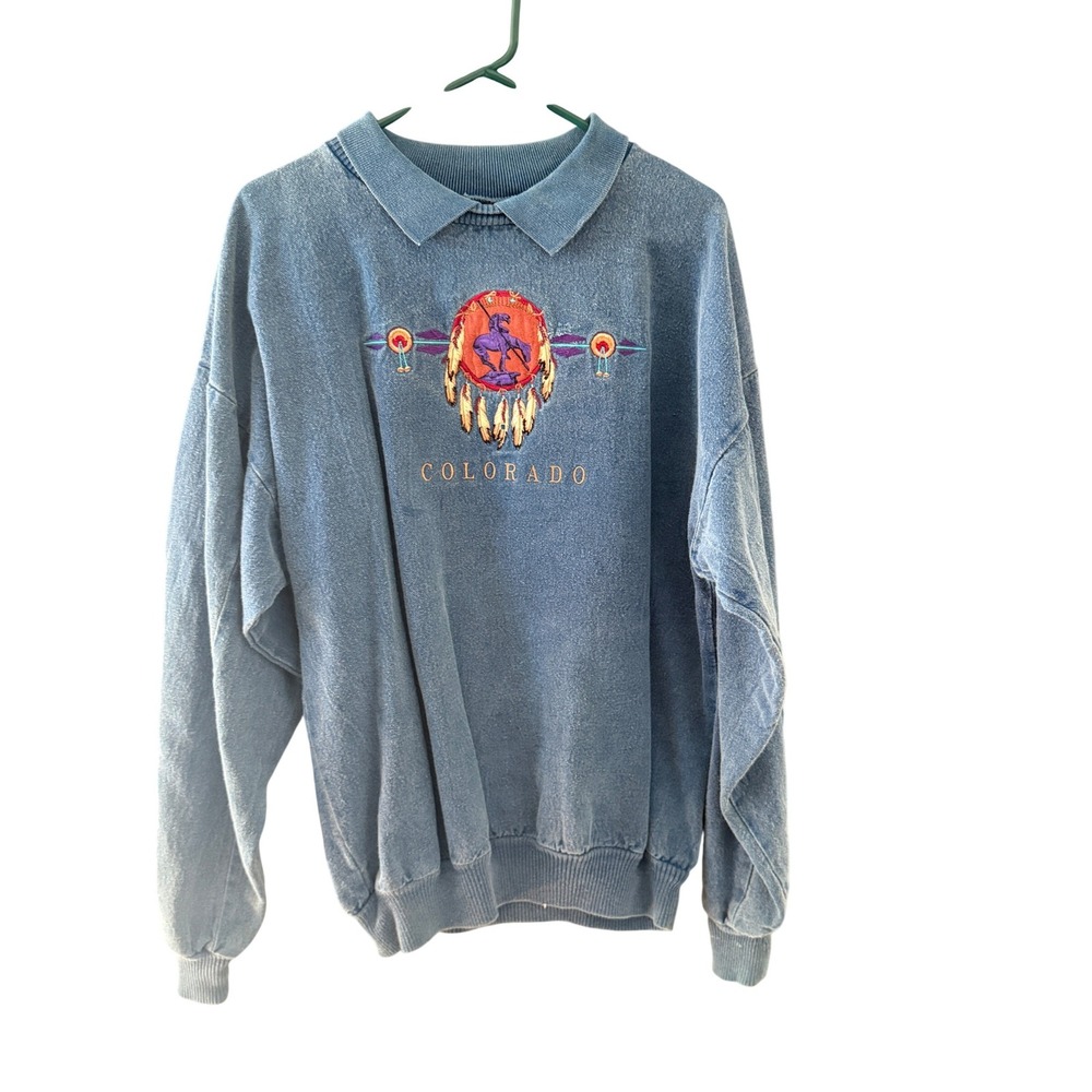 Vintage 90s Habitat Colorado Collared Sweatshirt Blue Embroidered Dreamcatcher M